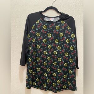 LuLaRoe Black Floral Randy Raglan Top with Yellow and Red Blooms